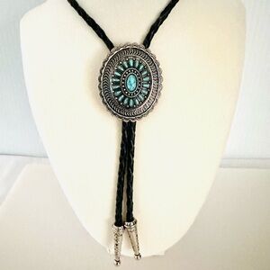 NEW Oval Teal Indian American Bolo Southwestern Cowboy Leather Braided Necktie.